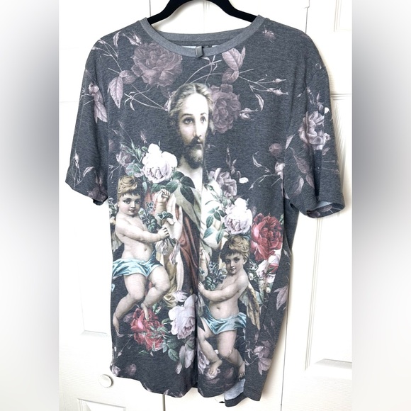 Men’s ASOS Tee T-Shirt Top Jesus Cherubs Religious Floral Roses Gray Pink green - Picture 7 of 7